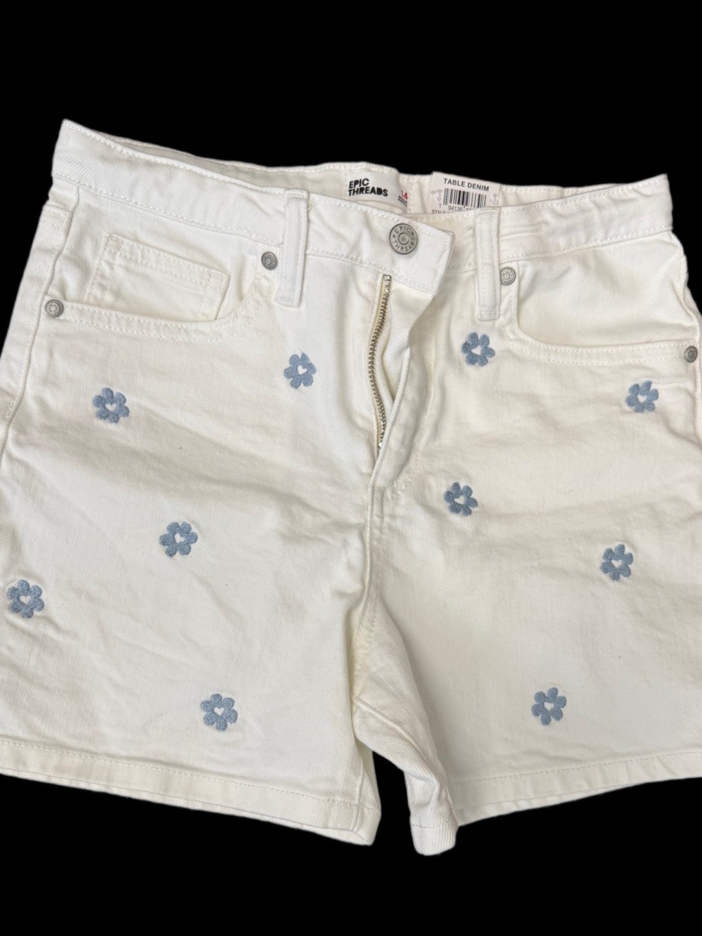 Epic Threads White Denim Shorts with Light Blue Floral Appliqué